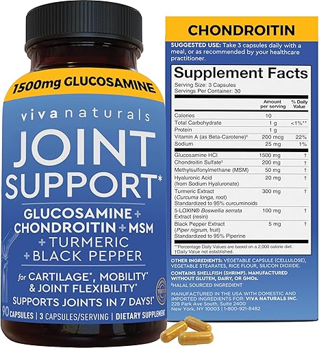 Viva Naturals Glucosamine Chondroitin MSM Joint Support Supplement, 90 Capsules - with Turmeric, Black Pepper, Boswellia and Hyaluronic Acid - Joint Health Supplement for Mobility and Flexibility