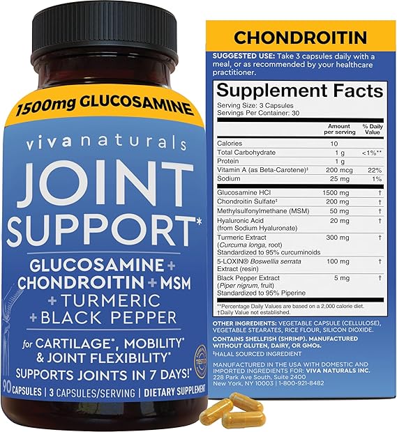 Viva Naturals Glucosamine Chondroitin MSM Joint Support Supplement, 90 Capsules - with Turmeric, Black Pepper, Boswellia and Hyaluronic Acid - Joint Health Supplement for Mobility and Flexibility
