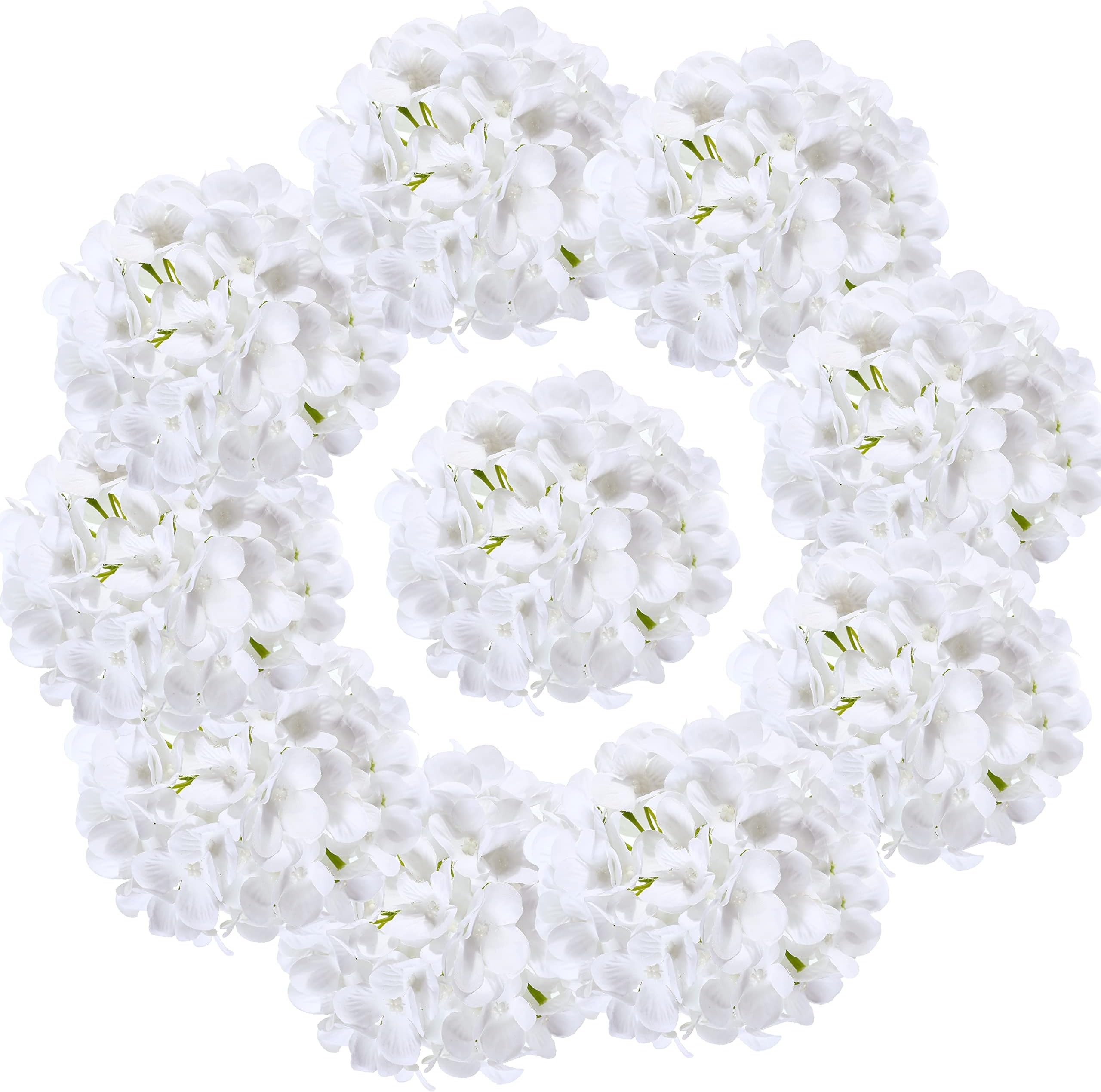 Silk Hydrangea Heads with Stems Artificial Flowers Heads for Home Wedding Decor,Pack of 10 (White)