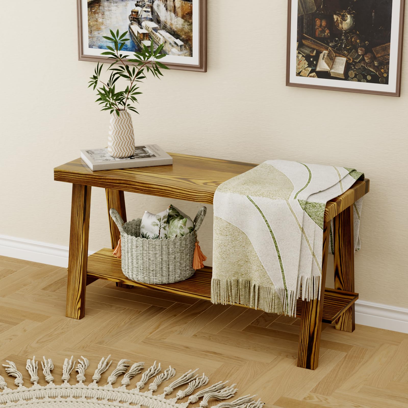 Delywh Solid Wood 30'' Farmhouse Entryway Bench with Shoe Storage, Rustic Wooden Bench for Bedroom End of Bed, Hallway, Front Door, Living Room,