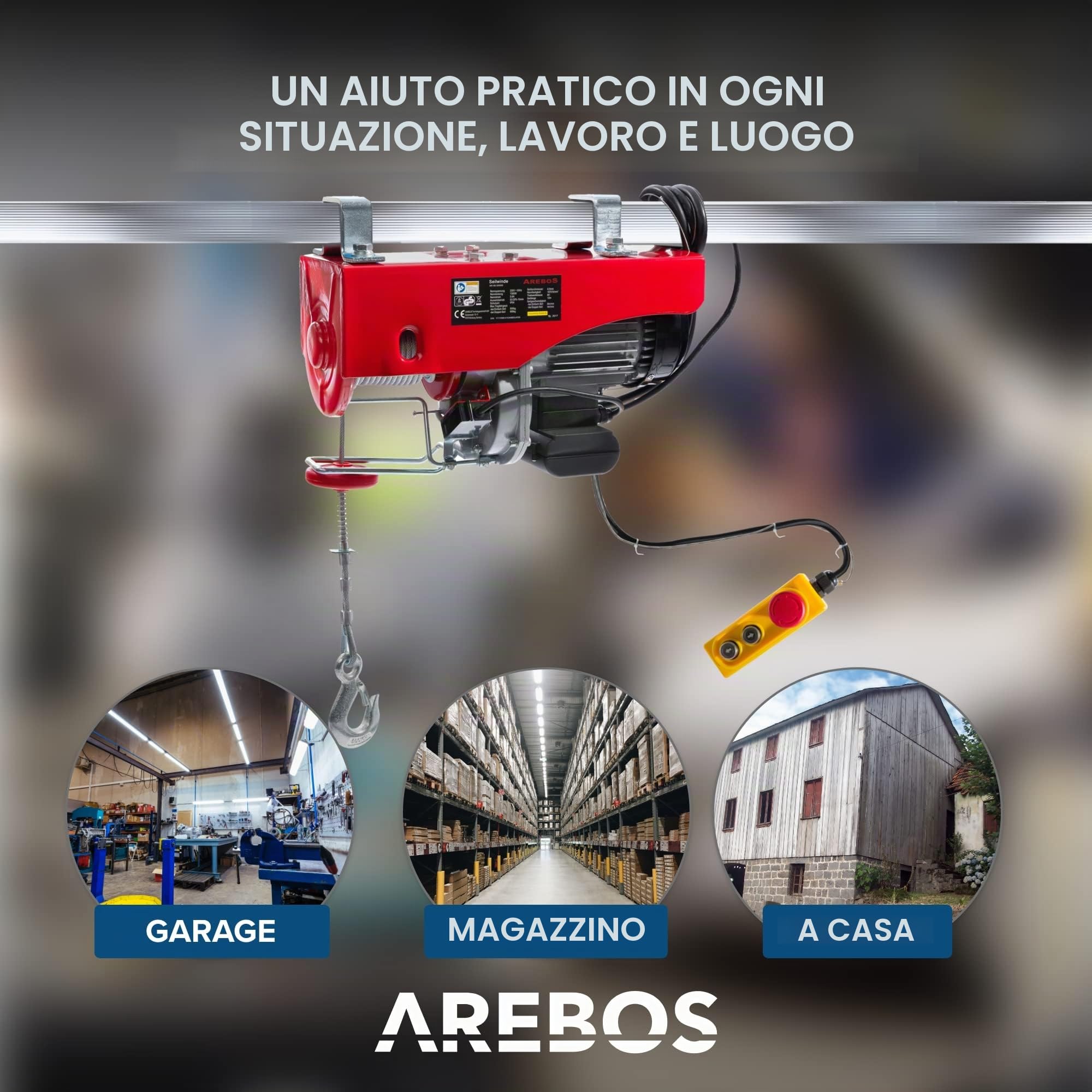 Arebos Paranco Elettrico | 500/1000 kg | 1300W | Verricello Elettrico | Montacarichi Paranchi Elettrici con Telecomando | altezza di sollevamento 12m | Verricellomontacarichi di Sollevamento