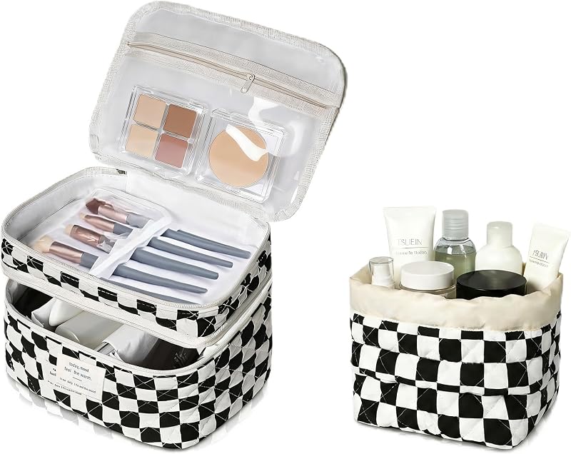 Necessaire de maquiagem Gosect com 2 bolsas, tecido de algodão matelassado e padrão xadrez