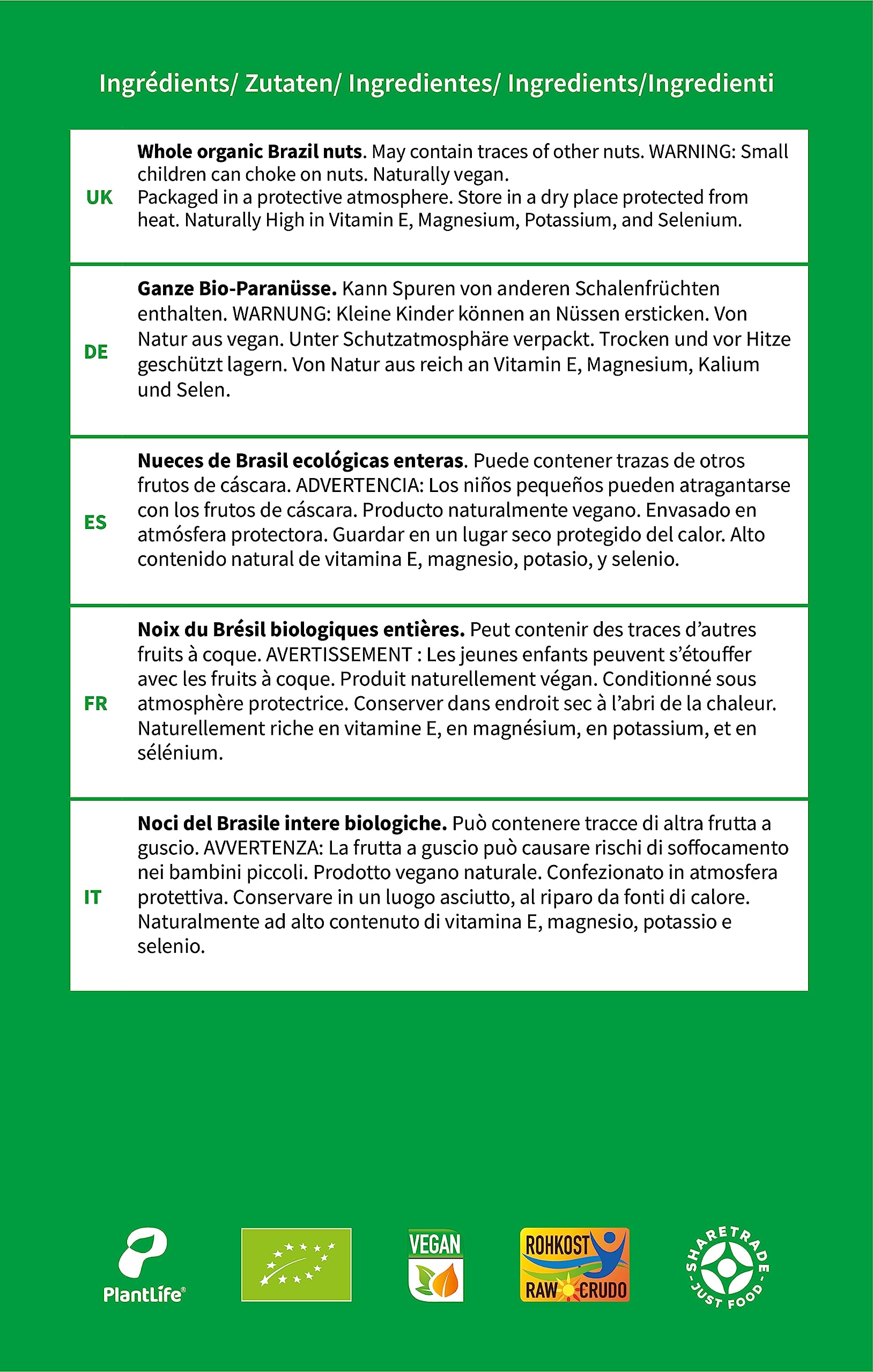PlantLife BIO Paranusskerne 1kg - Rohe, Unbehandelte und Naturbelassene Paranüsse