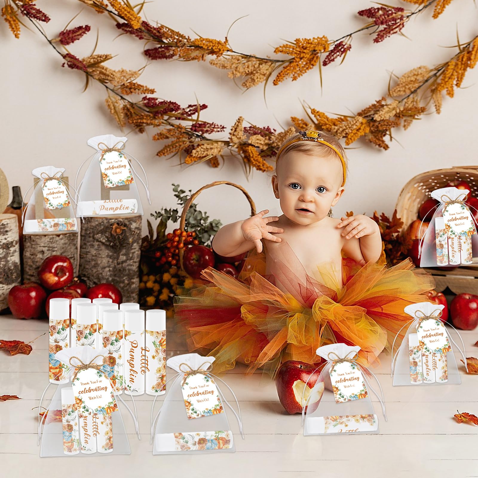 Lippenbalsam für Babypartys für Gäste – Spielgeschenke für Jungen und Mädchen, neutrales Geschlecht enthüllen, mit Dankeskarten-Etiketten, Dekorationen, Kürbisblume, 50 Stück