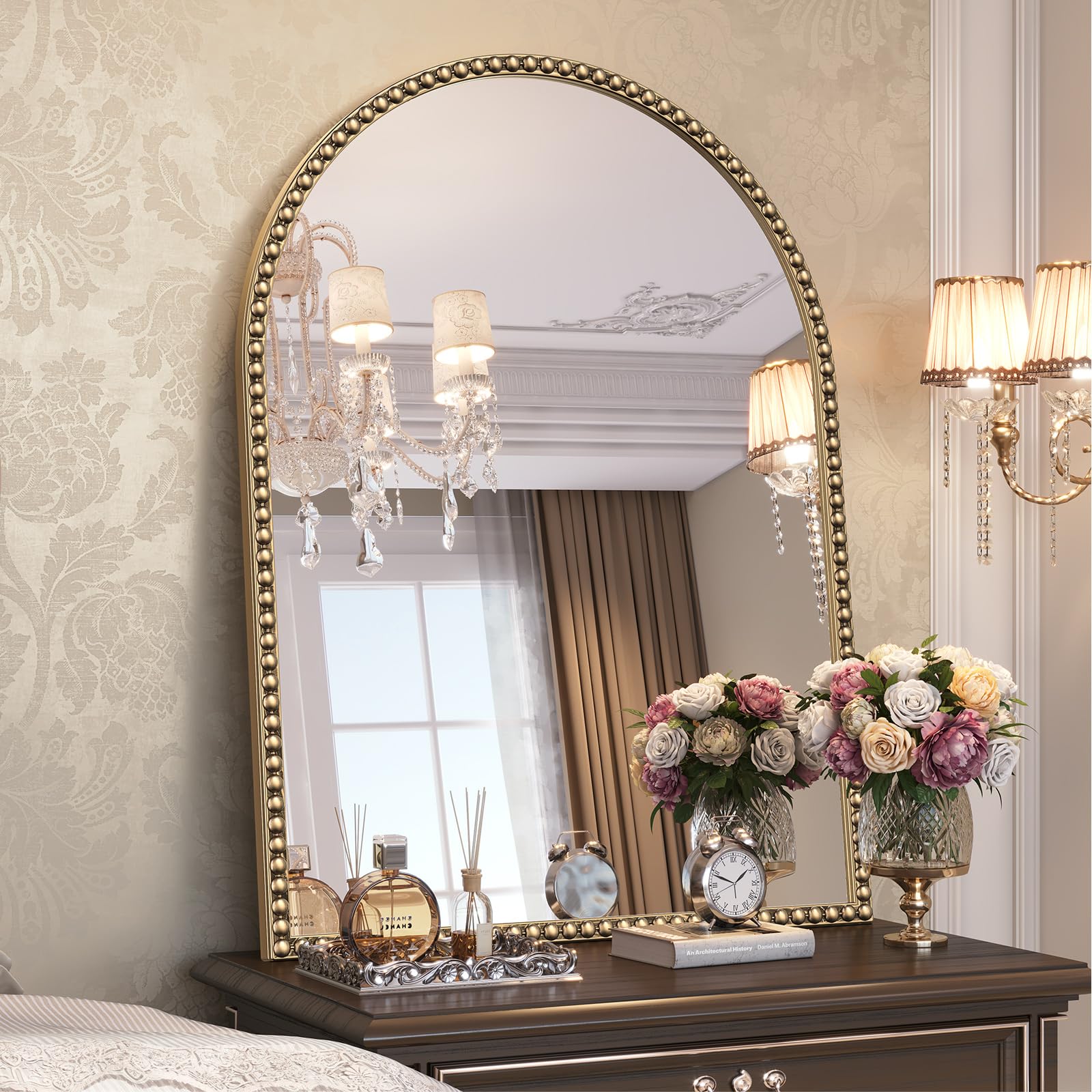 BrauthonArched Mirror for Wall, 24"x32" Gold Arch Bathroom Vanity Mirror, Retro Gold Metal Beaded Frame Decorative Mirror for Vanity Accent Bedroom Dressing Room Entryway