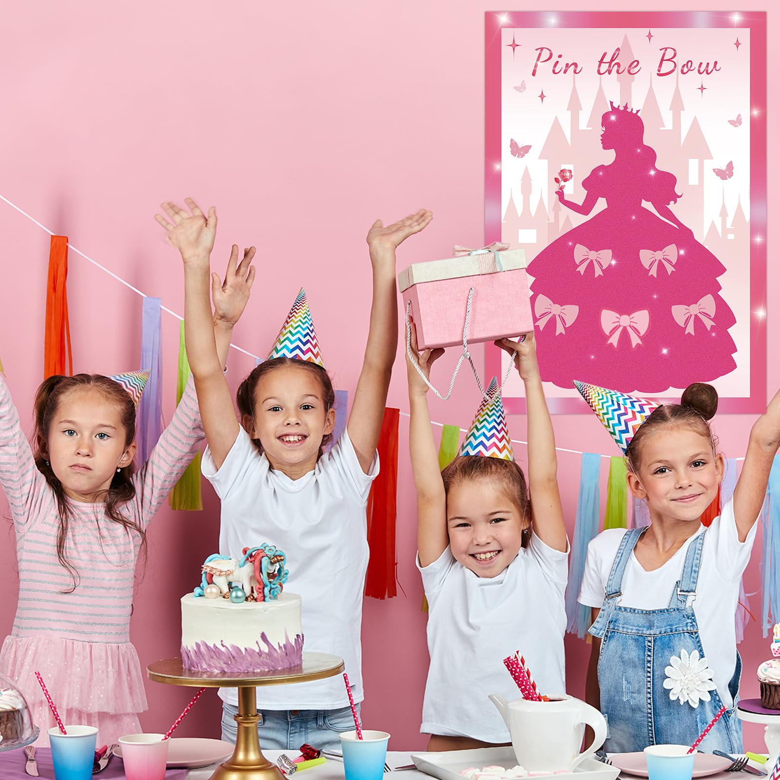 Pin the Bow Partyspiel für Mädchen, Rosa Mädchen Prinzessin Poster mit 24 Schleifen-Aufklebern, Kinder Teens Geburtstag Party Supplies Dekorationen, Sleepover & Dress-Up Aktivität - A2 Poster
