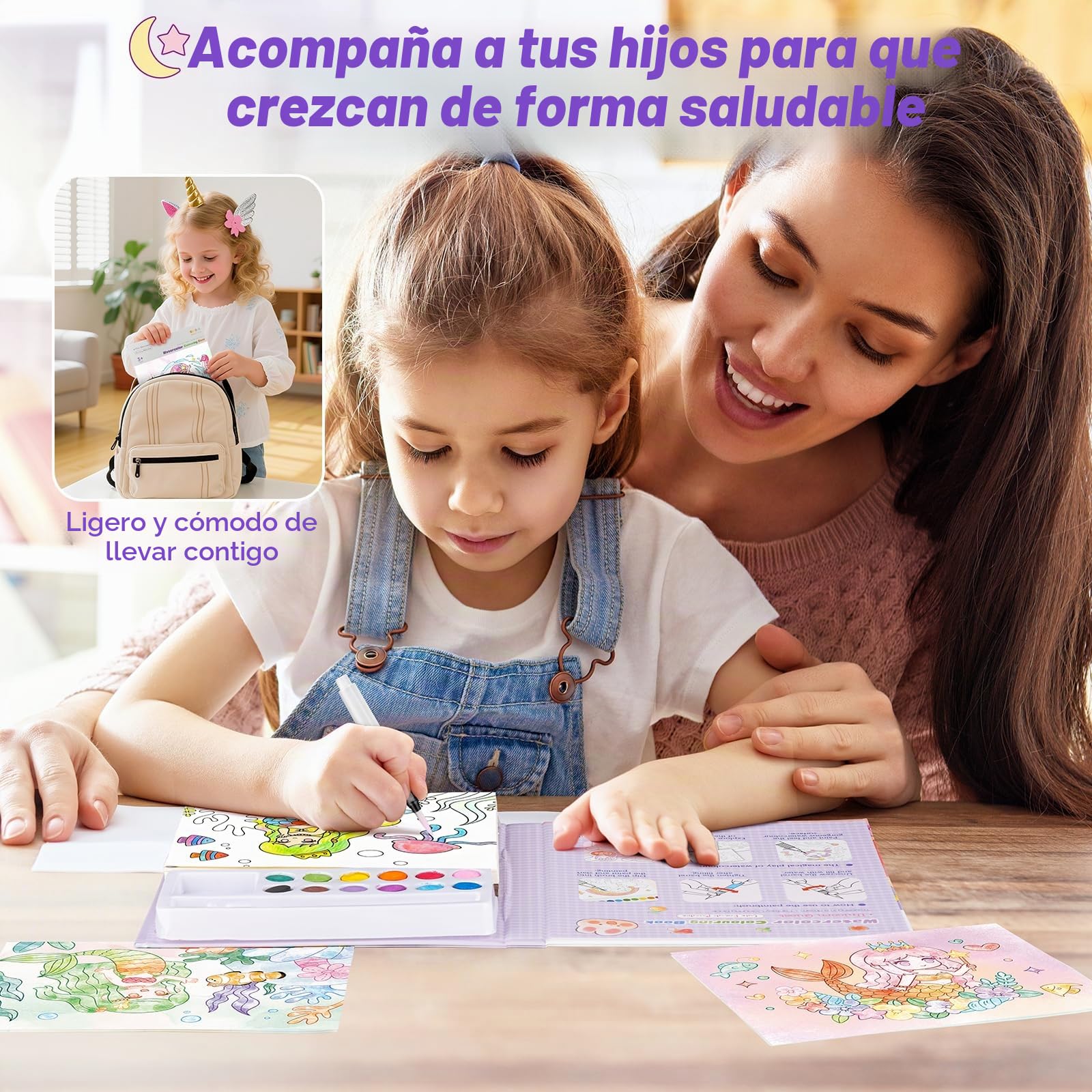 Libro Para Colorear Con Acuarelas De Sirenas - Kit De Arte 3 En 1: 24 Motivos, 12 Acuarelas, Pincel Y Marcadores - Papel Ultra Grueso - Regalo Para Niñas De 3 A 8 Años - Certificación CE
