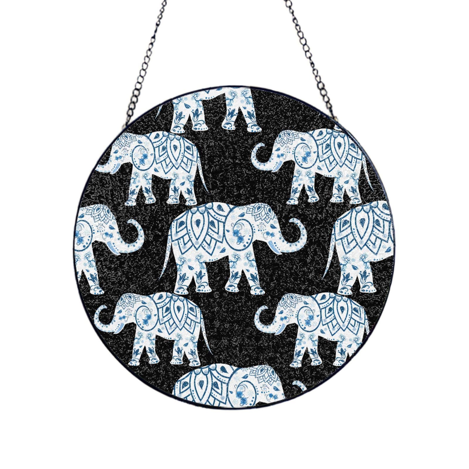 Phayah Elephant-Blue Black Print Stained Glass Window Hanging Suncatcher For Door Terrace Garden Home Decor Sun Catcher Birthday Gifts For Lovers Dad Mom 12in（30cm）
