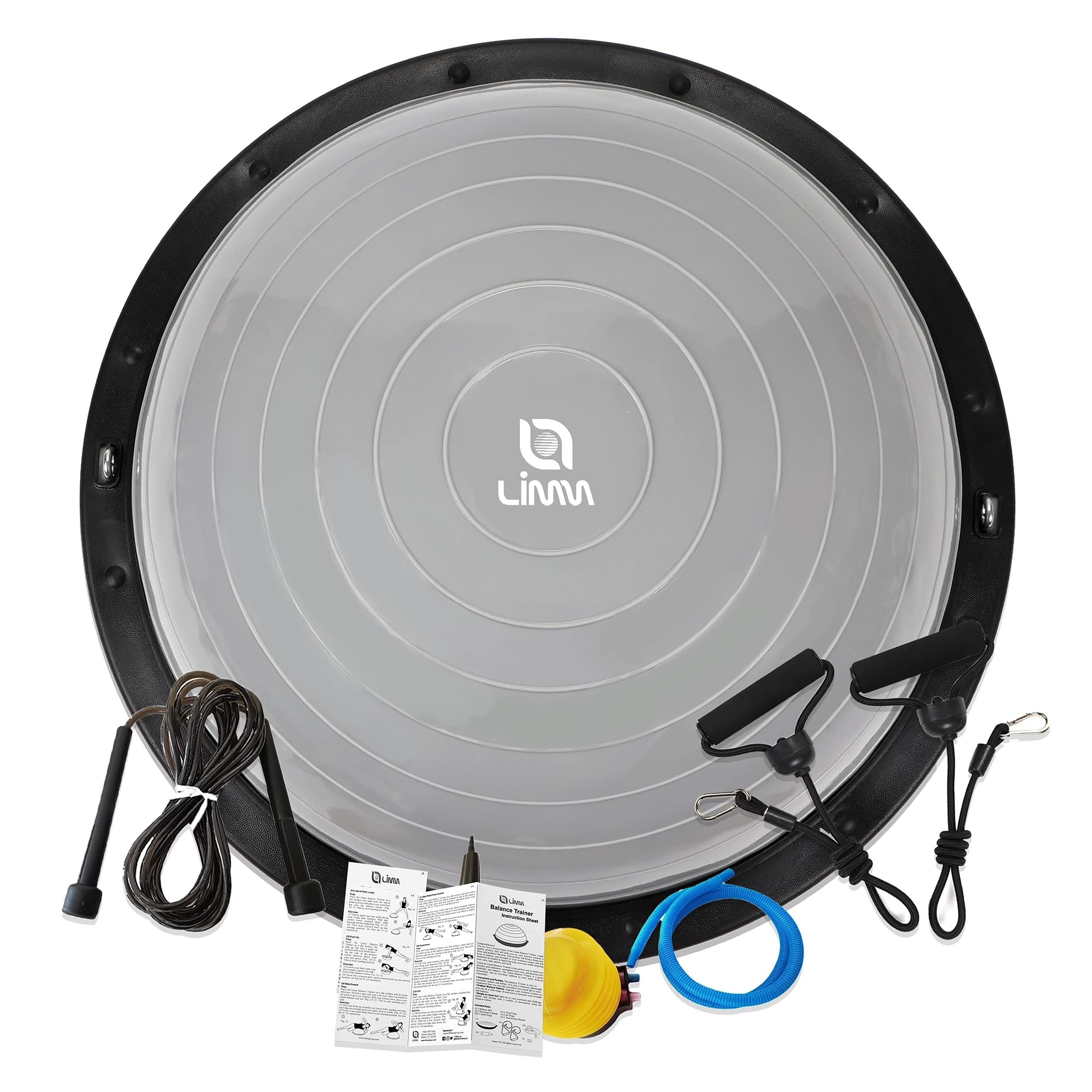 LimmHalf Ball Balance Trainer - Half Yoga Ball with Resistance Bands Handle and Jump Rope - Pilates Exercise Balance Ball for Squats, Steps Workout, Balance Training, Push Ups, Core Training, Etc.