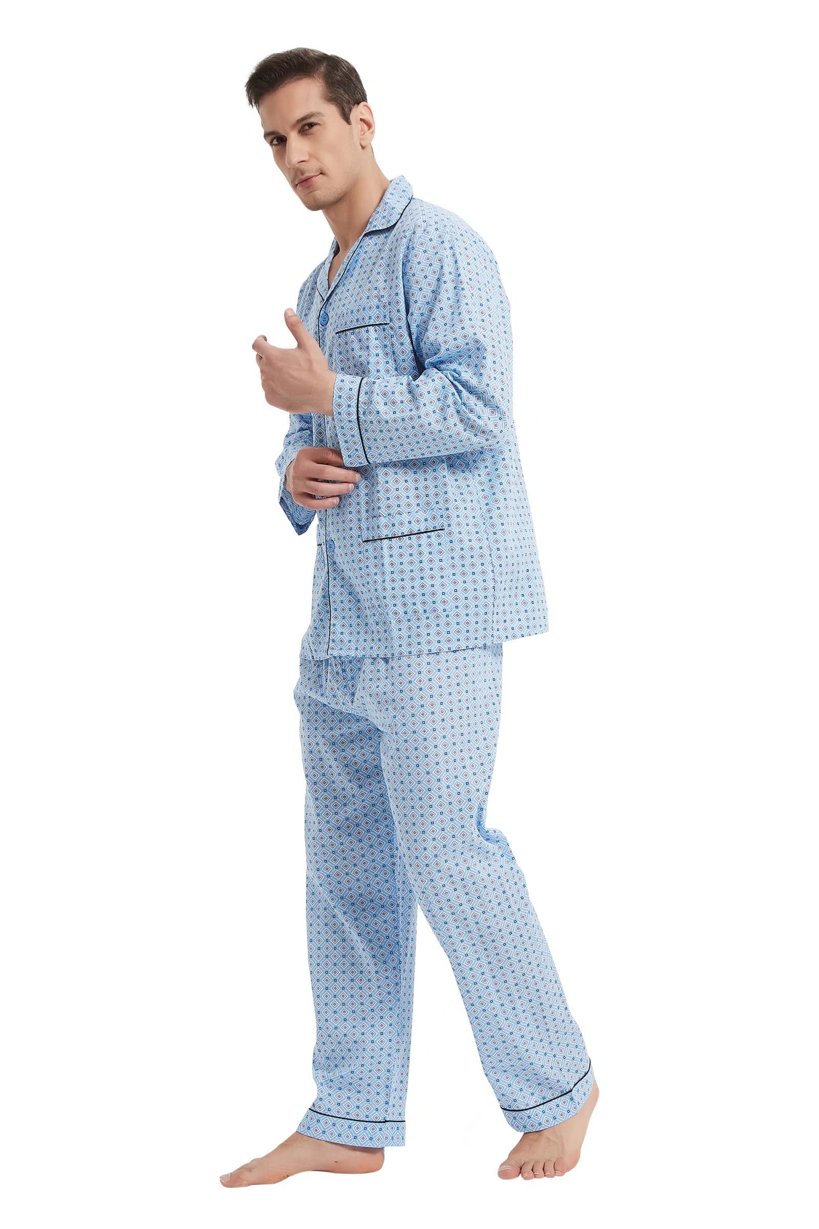 GLOBAL Pijama Hombre 100% Algodón Ropa de Dormir Manga Larga con Botones Cordón Transpirable Conjunto de Pijama Hombre Ropa de Estar por Arriba y Abajo S-3XL