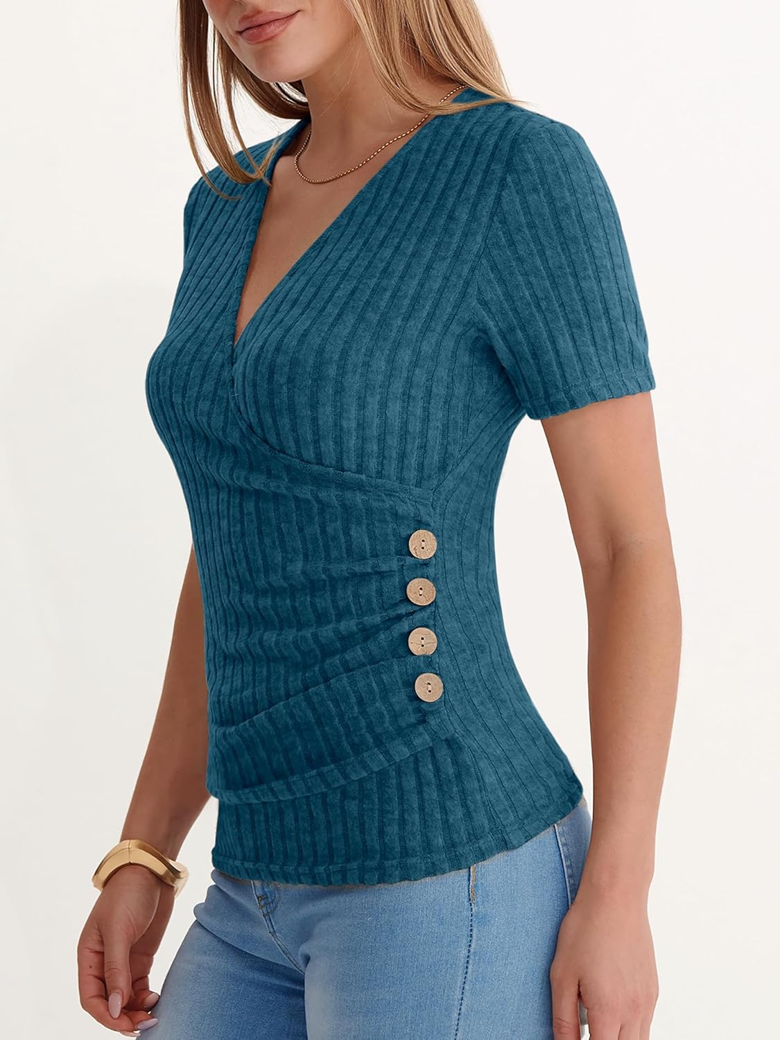 ANRABESS Womens Tops Short Sleeve V Neck Sexy Ribbed Knit Slim Fit Lightweight Sweater 2026 Summer Dressy Casual T-Shirts - Image 5