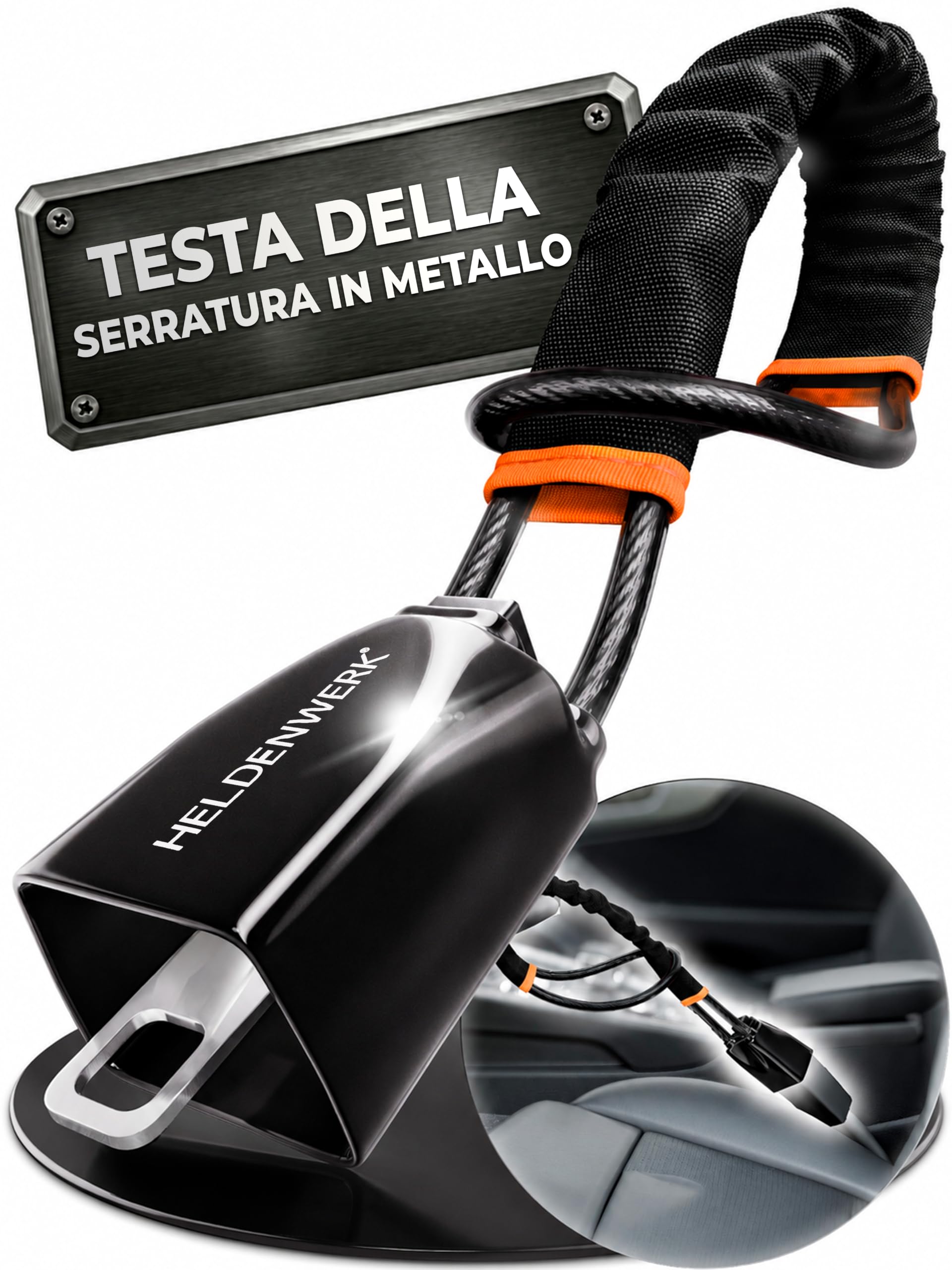 HELDENWERK® Artiglio volante per auto e camper in metallo – Misura universale – Blocco volante con corda d'acciaio spessa – Immobilizzatore antifurto con 3 chiavi di sicurezza (nero)
