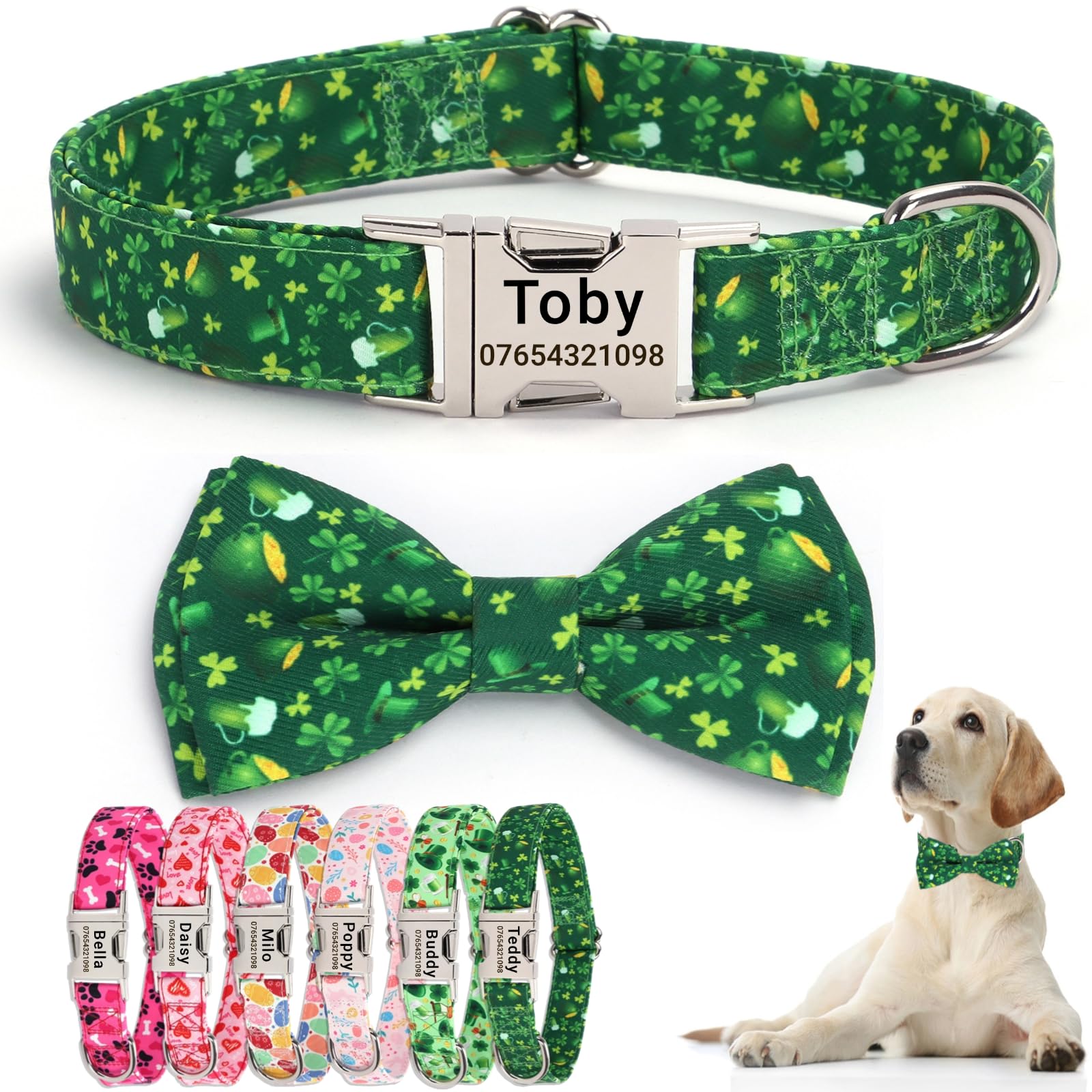 SEOUGEE St. Patrick's Day Dog Collar Personalised with Bowtie, Adjustable Soft Cotton Dog Collars with Custom Engraved Metal Buckle Name Phone Number for Large Dogs (Shamrock Green, XL:Neck 45-70cm)