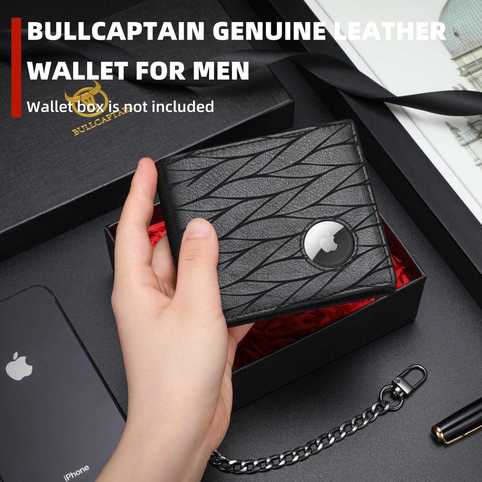 BULLCAPTAIN Slim Genuine Leather Mens Wallets with 2 ID Windows 10 Credit Card Slots Bifold RFID Blocking Wallets for Men With AirTag Holder and Chain T01 (Black)