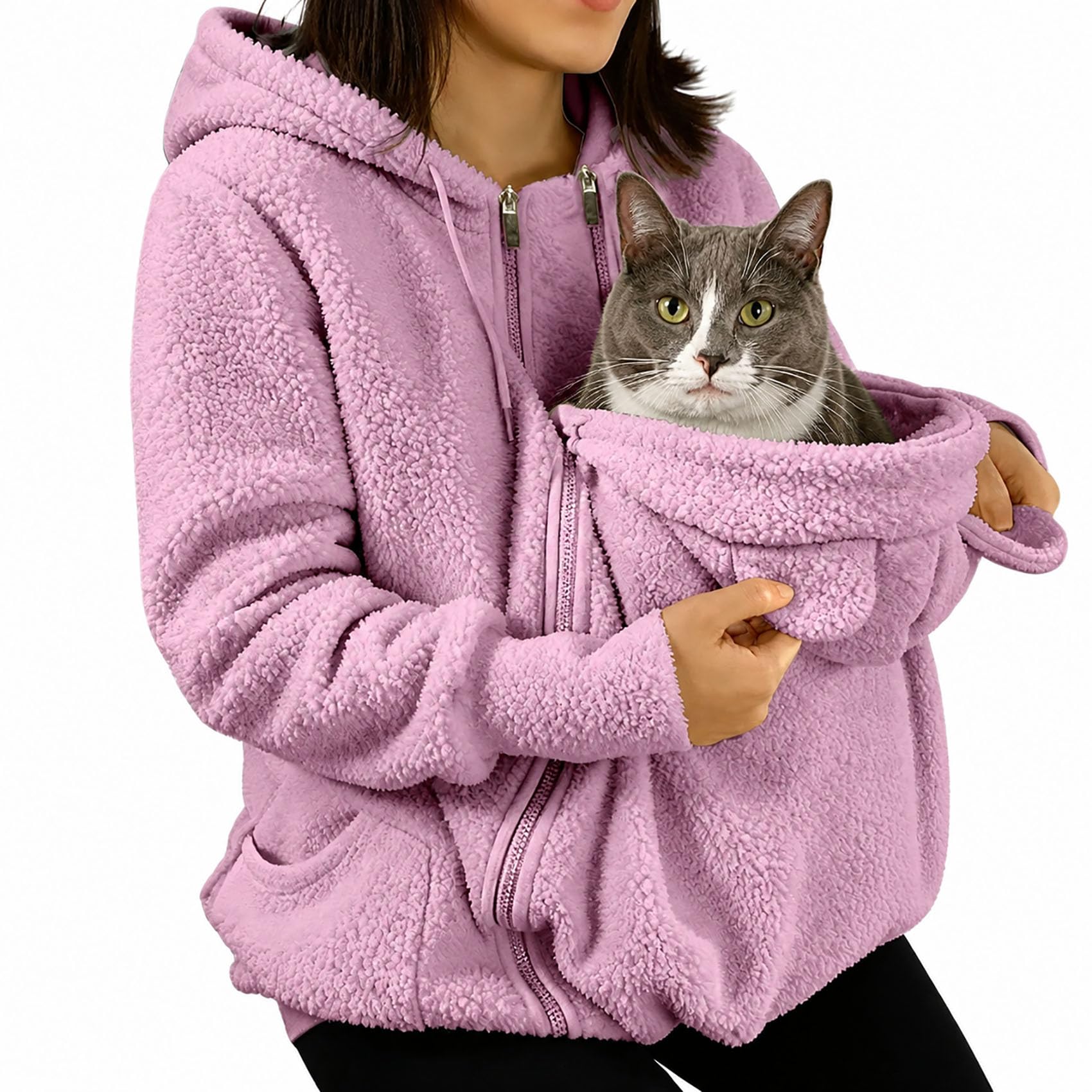 Pet Pouch Hoodie for Women, Fleece Jacket for Cats and Small Dogs (Pink,xx_l)