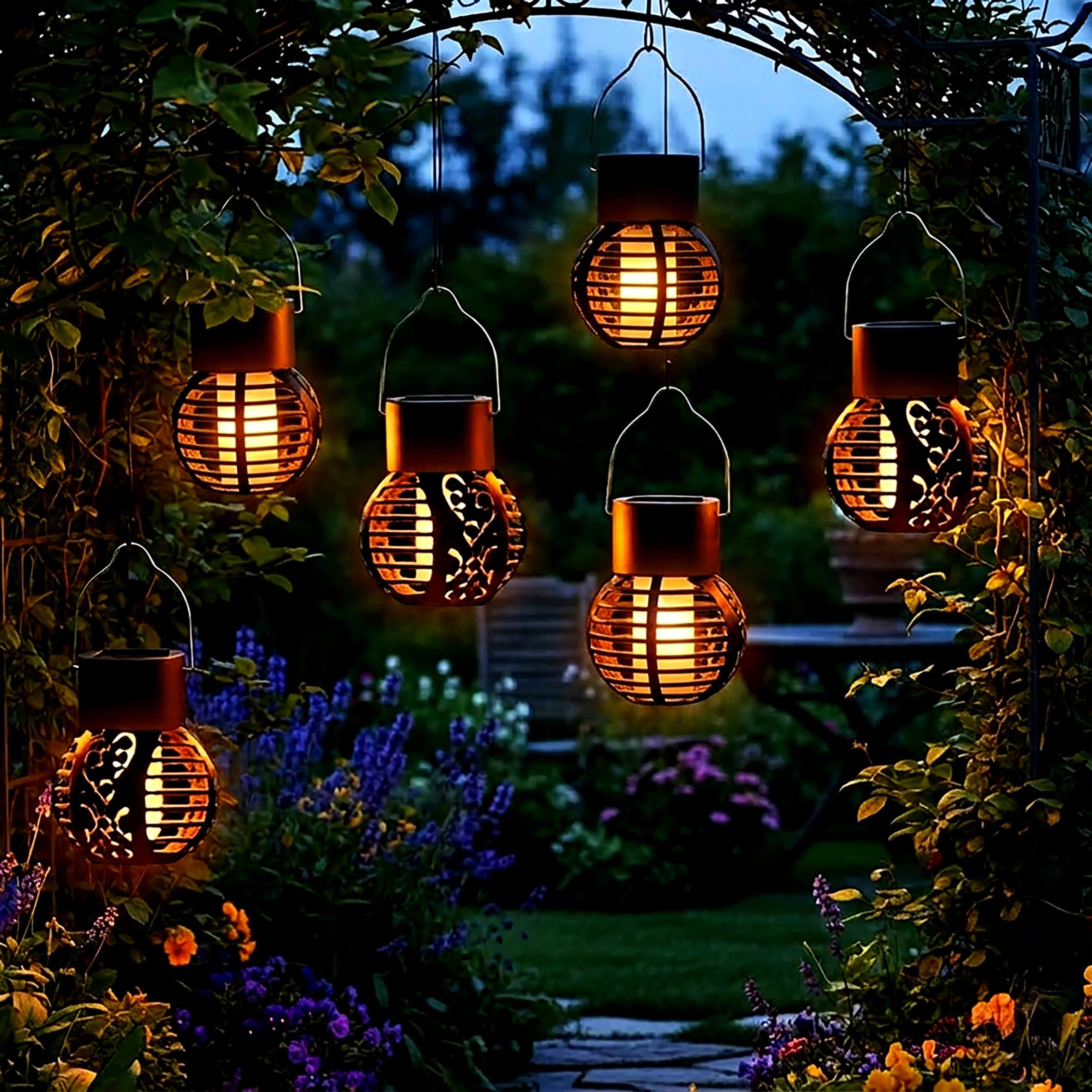 Lanterna solare a LED piccola con effetto fiamma, set da 6 pezzi, mini lanterna 9 x 7 cm, da appendere per esterni, lanterna decorativa da giardino, lampada solare a sospensione