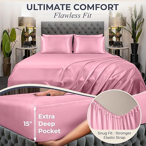 Miniatura 3 de DECOLURE Juego de sábanas de satén tamaño Queen, 6 piezas, sábanas de satén de seda genuinas y lujosas, tamaño Queen con bolsillo profundo,