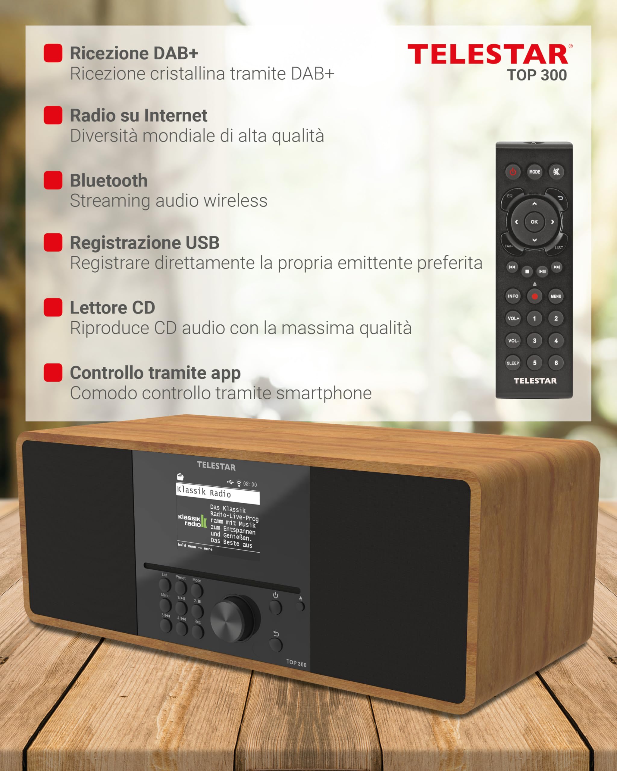 TELESTAR TOP 300 Radio DAB+/Internet con lettore CD stereo 2x15W Bluetooth Audio-Streaming Legno