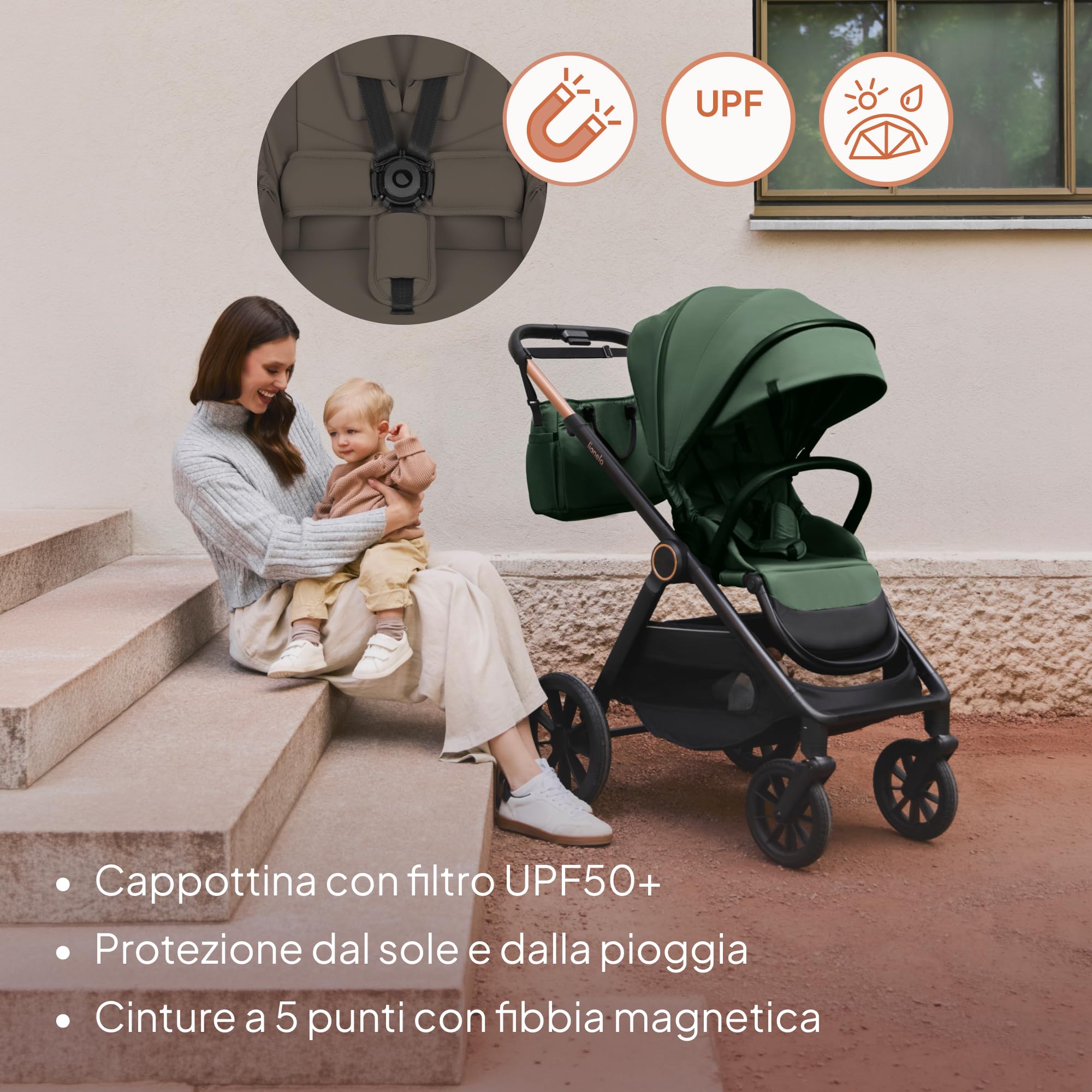 LIONELO Layla Passeggino 2 in 1 con Navicella dalla Nascita a 48 Mesi | Fino a 22 kg, Navicella fino a 9 kg, Schienale e Poggiapiedi Regolabili, AiryDots, Ruote PU 360° e Sospensioni Complete