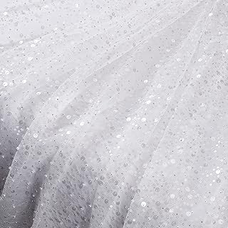 BENECREAT 63x39inch Glitter Tulle Fabric with Sequin and Beads, White Ribbon Netting Fabric for Clothing Accessories Sewing Quilting Apparel Crafts Decor
