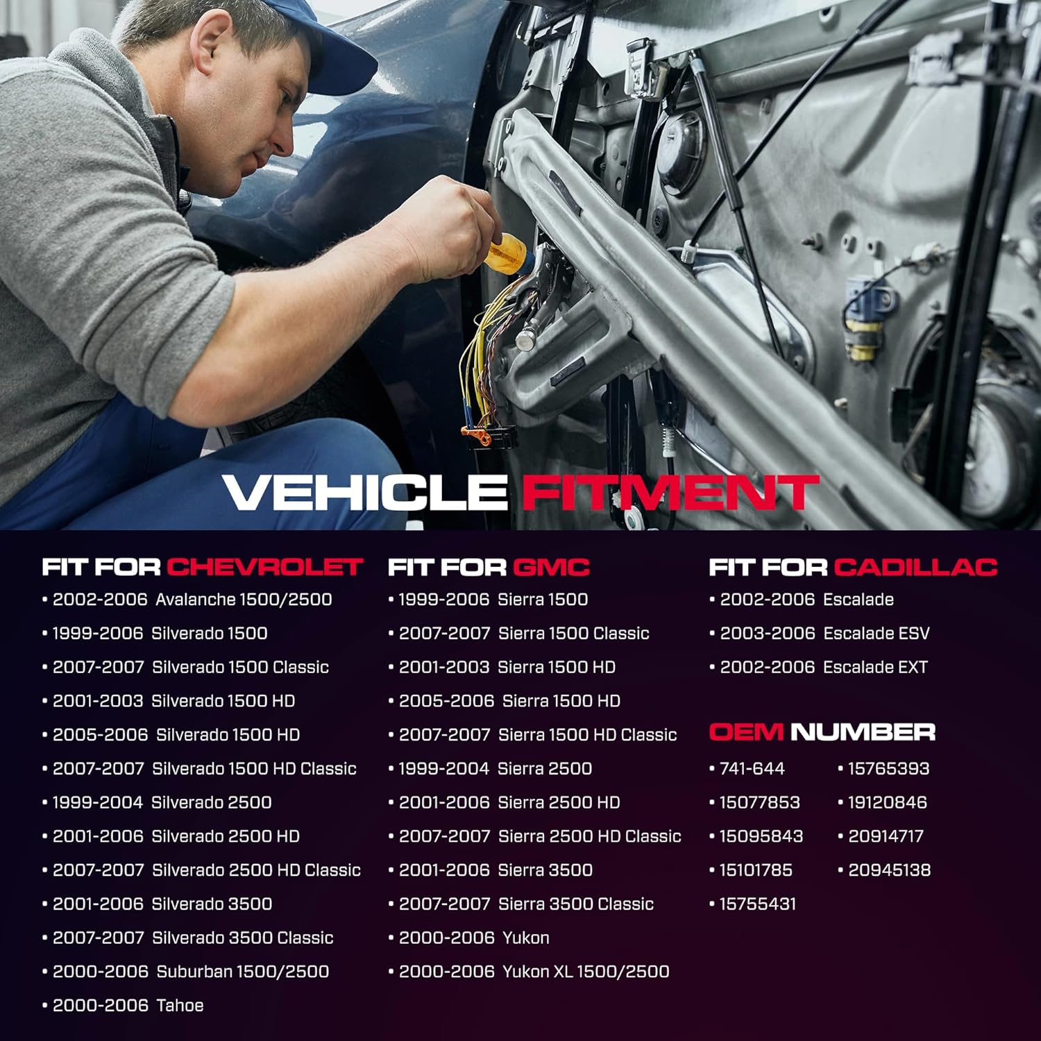 Front Driver Side Power Window Regulator with Motor (2 Pins) Fit for 2001-2006 Chevrolet Silverado 1500 3500, Avalanche Suburban GMC Sierra 1500 2500 3500 Yukon XL Cadillac Escalade, 741-644