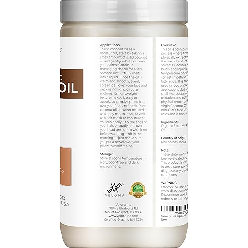 Miniatura 10 de velona Aceite de coco orgánico certificado por la USDA, 2 onzas, grado alimenticio y cosmético, en frasco, virgen extra, prensado en frío, cuidado