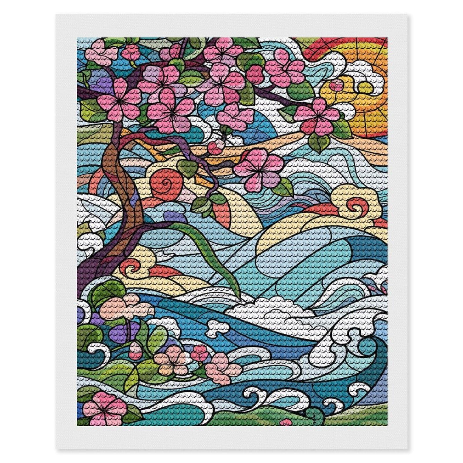 Junmoney Stained Glass Cherry Blossoms and Waves DIY Diamond Art Canvas Kit 16"x20", Pleasing Wall Art Project, Easy Handmade Project, Living Room Decor