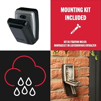 MASTER LOCK Push-Button Key Safe Wall Mounted, Medium 79 x 117 x 52 mm, Outdoor, Mounting Kit, for Home Office Industries Vehicles
