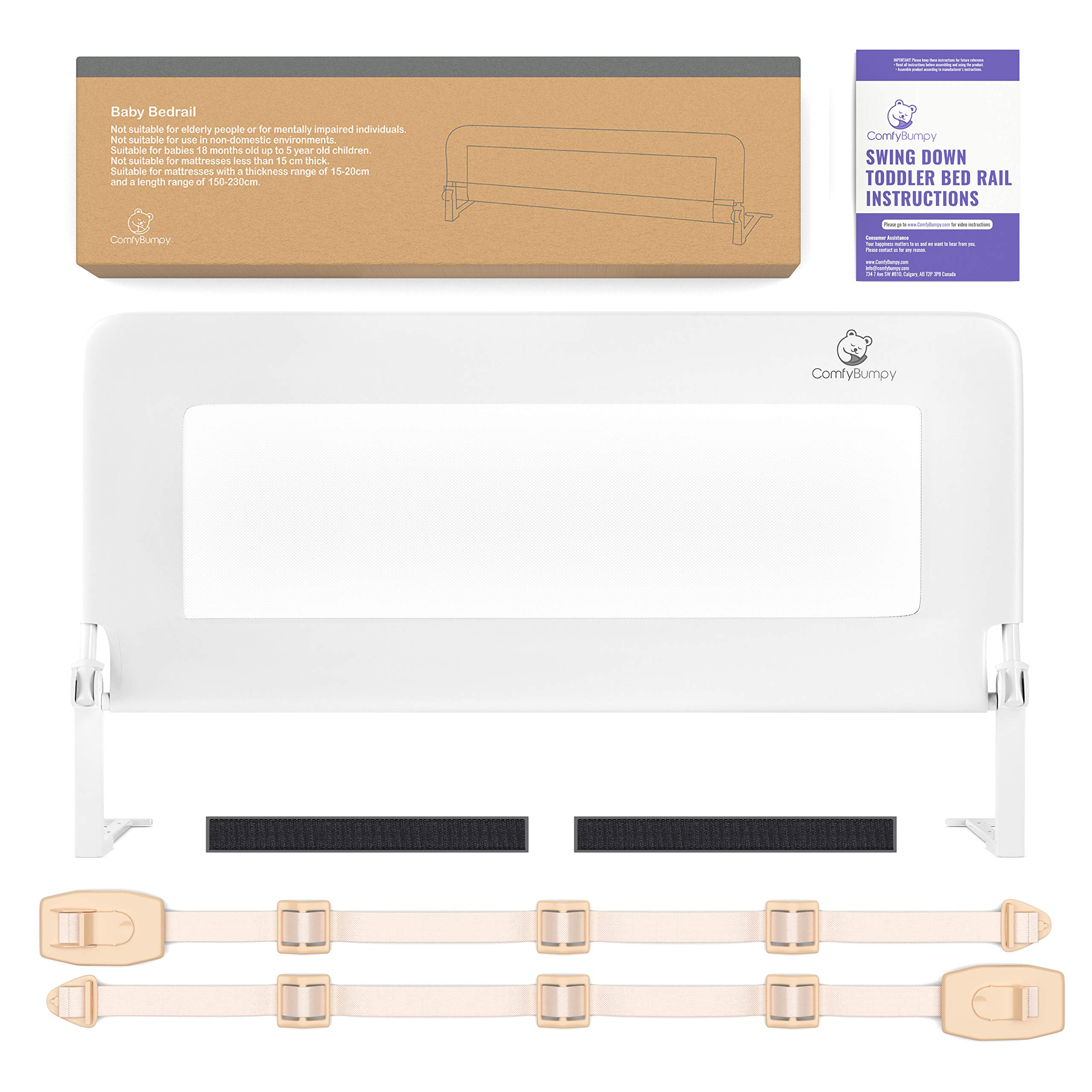 ComfyBumpy 1-Pack Bed Rail for Toddlers 35.5" L x 19.5" H | Toddler Bed Rails for Twin, Full & Toddler Mattress Size | Swing Down Rail Guard | Mattress Side Rail for Kids | White