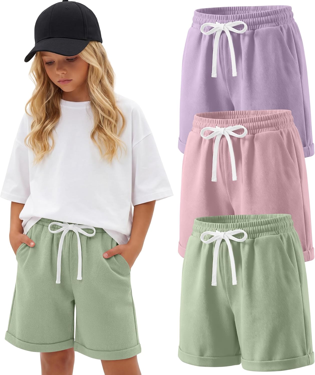 3 Pack Girls' Bermuda Shorts 5-14Y Kids Cotton Wide Leg Cargo Shorts High Waist Casual Summer Clothes with Pockets