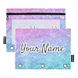 Personalized Binder Pouches Glitter Blue Pink Custom Pencil Pouch for 3 Ring Binder 2 Pack Clear Pencil Bag with Zipper for Office School Supplies