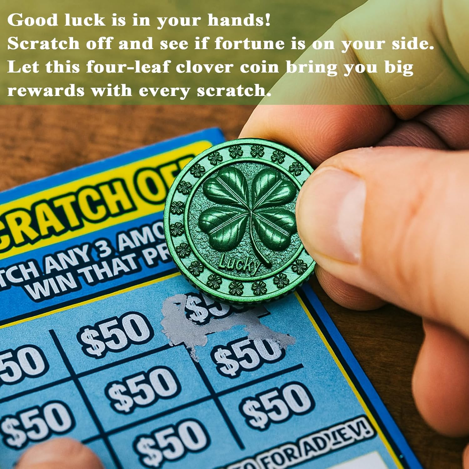 Four Leaf Clover Lucky Coin - Metal Lottery Scratcher Tool with Keychain Holder, Bulk St. Patrick's Day Party Favors, Irish Good Luck Charm Token, Poker Card Guard, Stocking Stuffers for Men