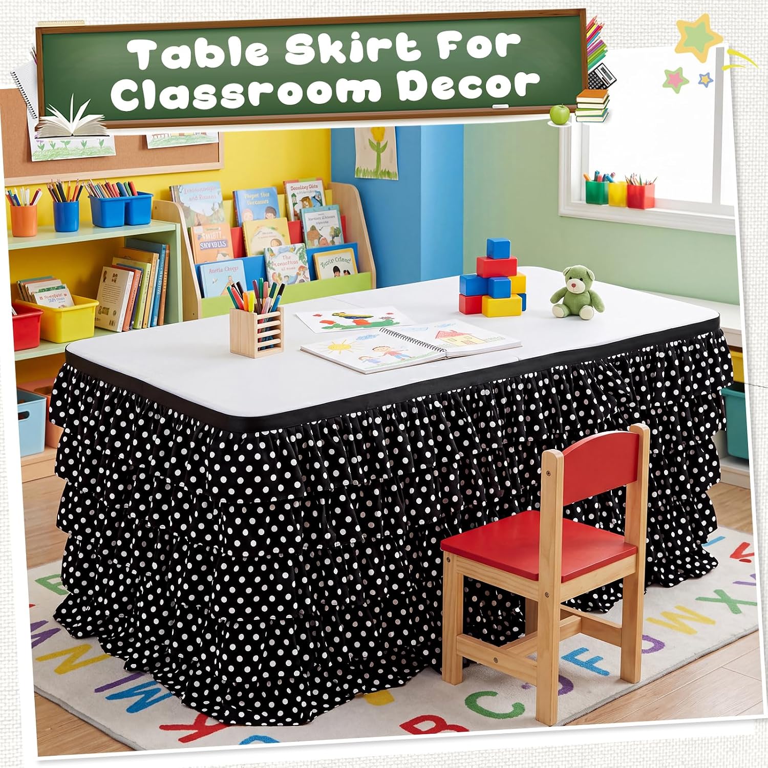 Panelee Table Skirt for Classroom, Black,White, 72×30 Inch, Tutu Ruffled