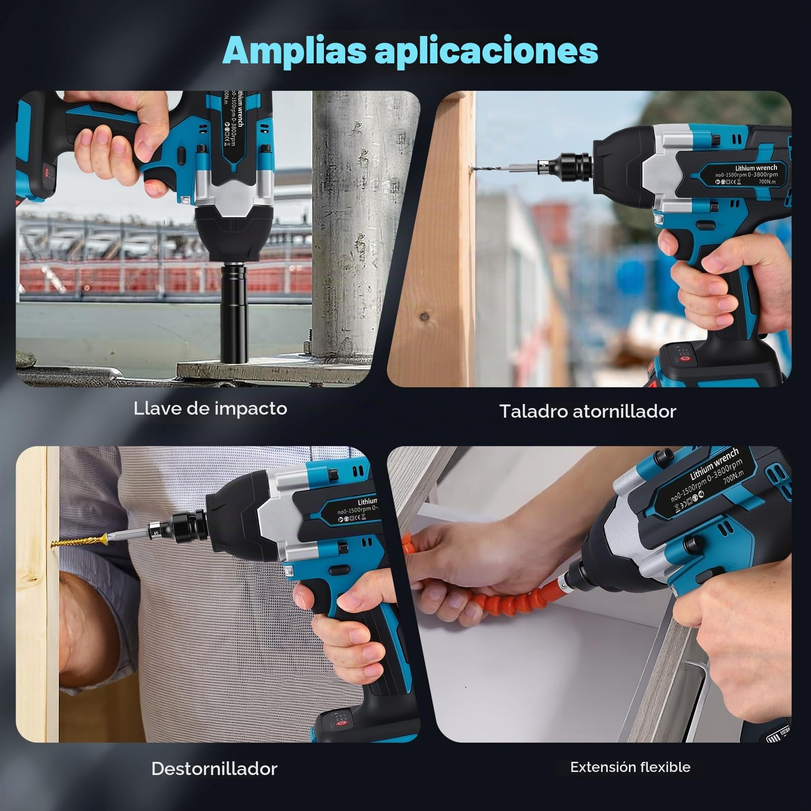 Pistola de impacto bateria 700N Llave de impacto con 2 baterías, 3 Velocidades variables, LED Llave de impacto a bateria, Parada de freno, para Reparación de Automóviles, Bricolaje
