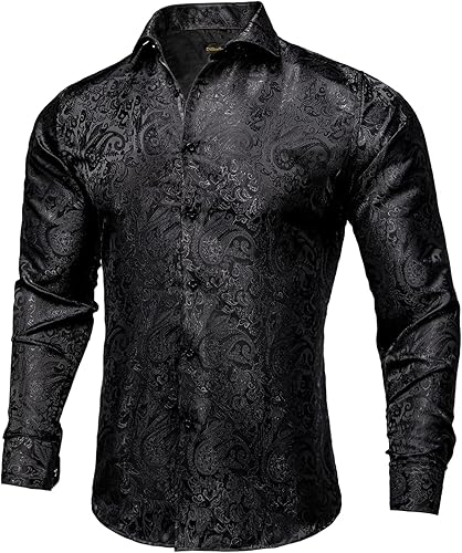 Miniatura 2 de DiBanGu Camisas de vestir de cachemira de seda para hombre, camisa de vestir tejida de manga larga con botones y pasador de cuello para hombre
