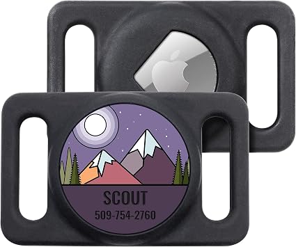 GoTags Engraved Airtag Dog Collar Holder, Personalised Airtag Case for Pet Collar, Up to 4 Lines of Custom Text, Slide On Tag for GPS Dog Tracker, Track Dogs with Apple iPhone Mountain Purple, Large