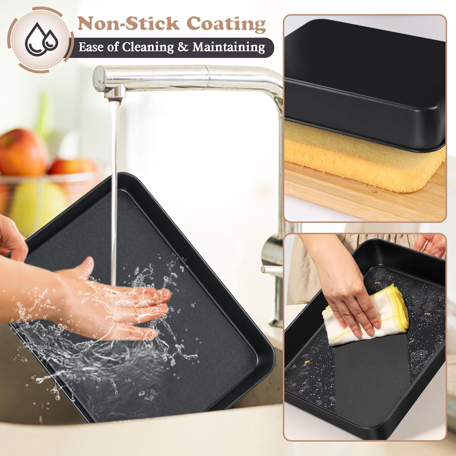 E-far 12.5 x 9.7 Inch Baking Pan Set of 2, Nonstick Stainless Steel Rectangle Cake Pans for Baking Brownies Casseroles Lasagna, Stainless Steel Core & Nonstick Coating, Non-toxic & Oven Safe - Image 5