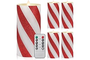 Retisee Candy Cane Pillar Candles for Christmas, 4 Flameless LED Glittering Flame...