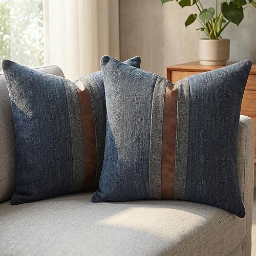 Vista 8 de BOYSUM Juego de 2 fundas de almohada de cuero, decoración de exteriores, de lino marrón, de imitación de piel sintética, para sofá, café, 16 x 16