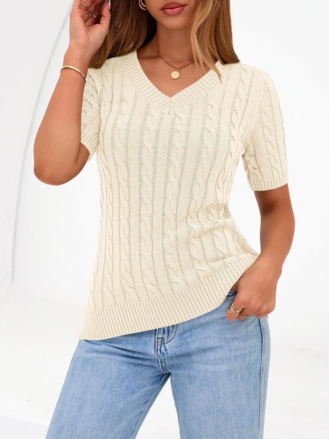 PRETTYGARDEN Womens Summer Short Sleeve Sweater Cable Knit V Neck Sweaters Shirts Fitted Work Tops Business Casual Outfits - Image 3