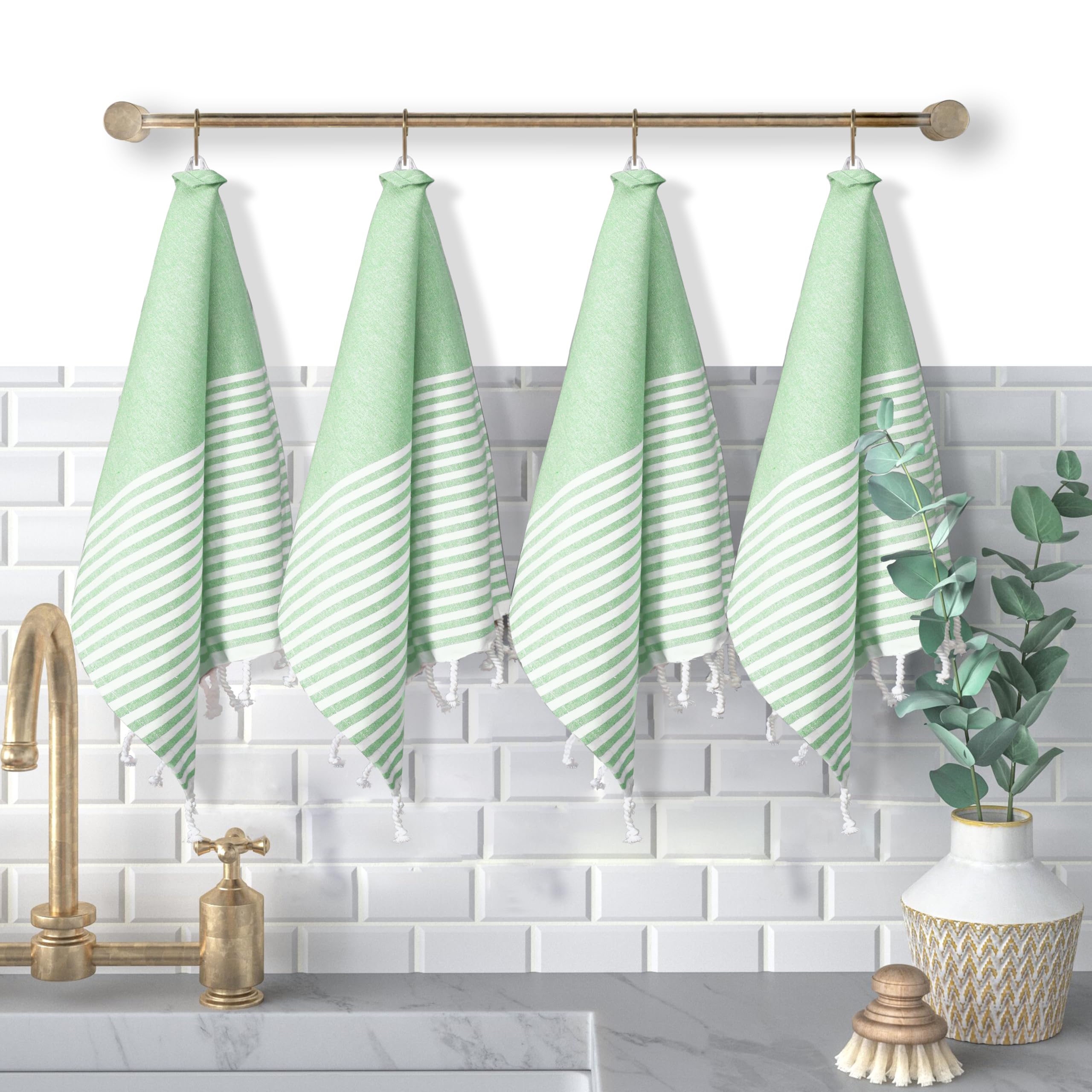 Turkish Kitchen Towels 18x26 Inches with Tassels - 4 Pack - Absorbent, Durable, Soft 100% Cotton Dish Towels for Drying &amp; Cleaning - Machine Washable, Quick Dry - Apple Green