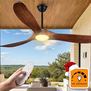 Haipeel 52 Inch Outdoor Ceiling Fans with Lights, Propeller Solid Wood Ceiling Fan with Light and Remote Control 3 Blades Damp Rated Outdoor Fan Quiet for Patios Farmhouse Bedroom Sunroom, Dark Walnut