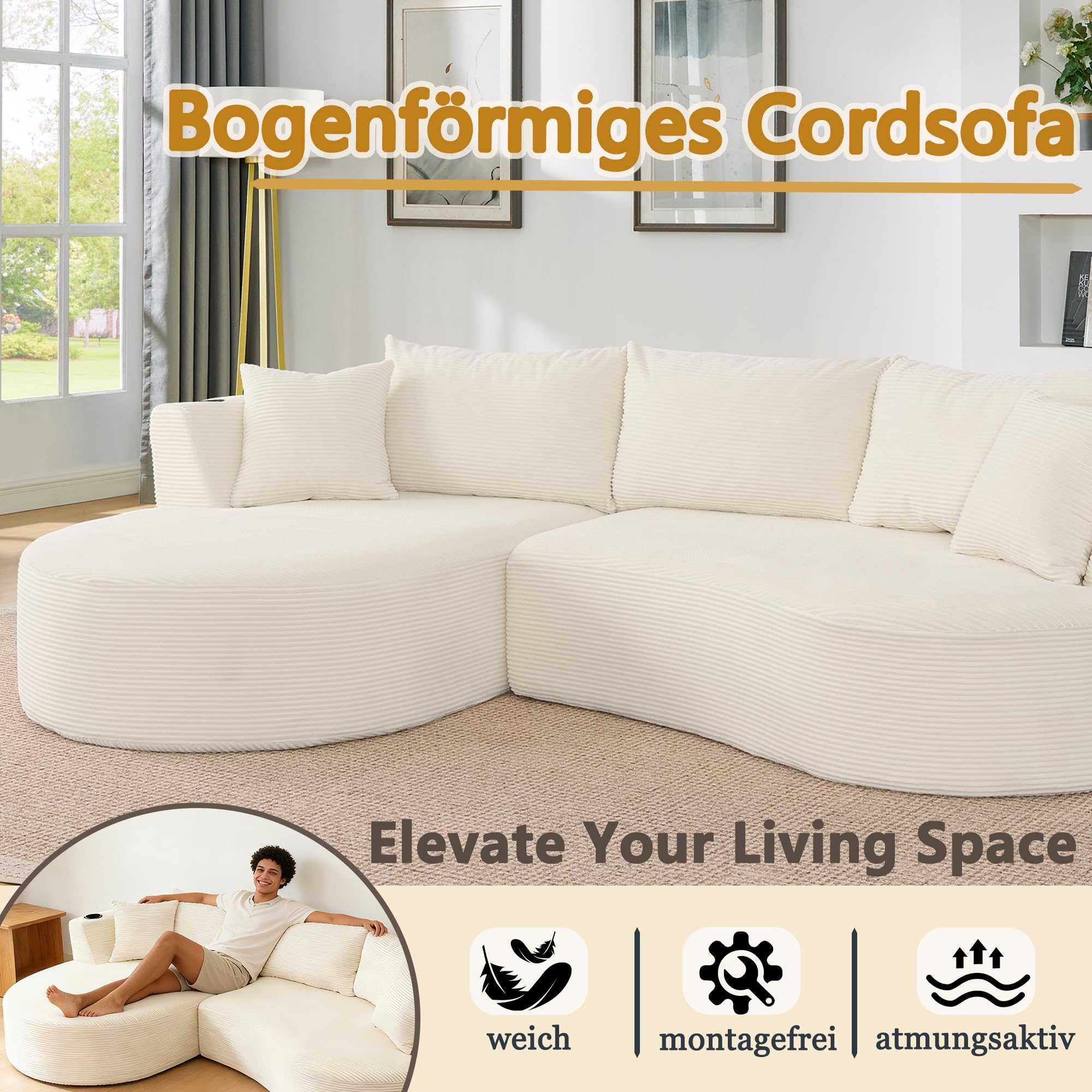 Sofá de 3 Plazas con Pana Suave, Chaise Longue Izquierda, Beige, 2 Piezas