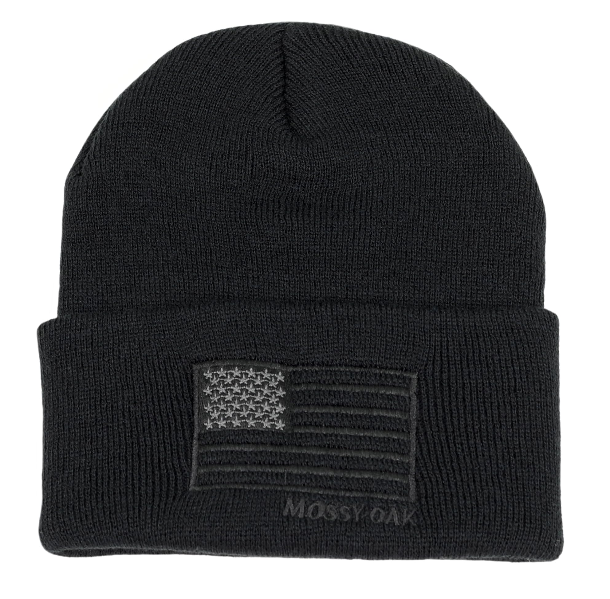 Mossy Oak Men's Knit Cuffed American Flag Winter Beanie, Black, One size