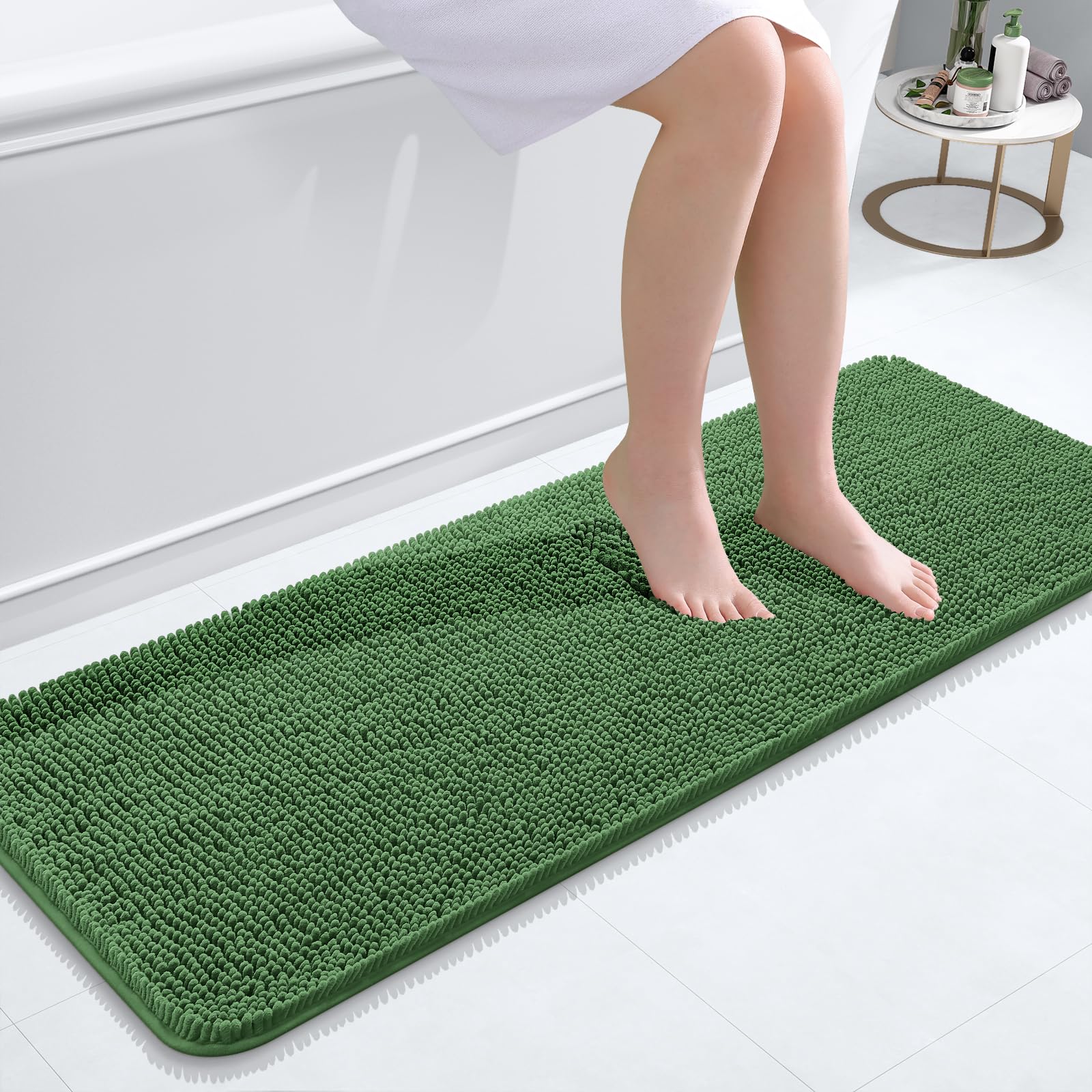 OLANLY Bathroom Runner Rugs 47x17, Extra Soft Absorbent Chenille Bath Rugs | Olive Green, Quick-Drying Rubber Backing, Washable Long Bath Mat for Bathroom Floor, Tub and Shower, Home Decor Accessories