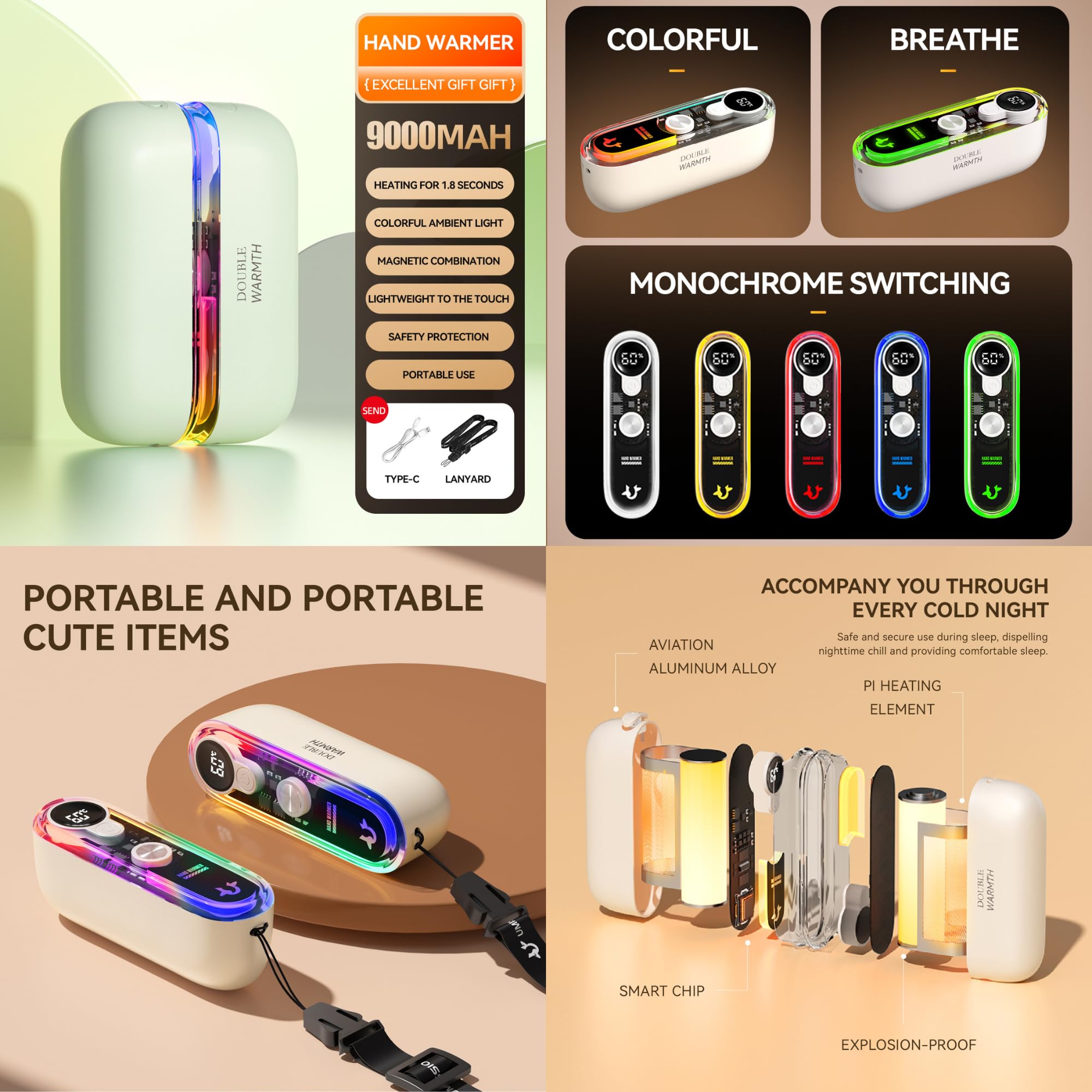 Chauffe-mains rechargeable avec fixation magnétique, 6000 mAh, chauffage double face, 3 réglages (45 °C à 60 °C), charge rapide, design transparent, cadeaux pour Noël, chasse, camping, vert