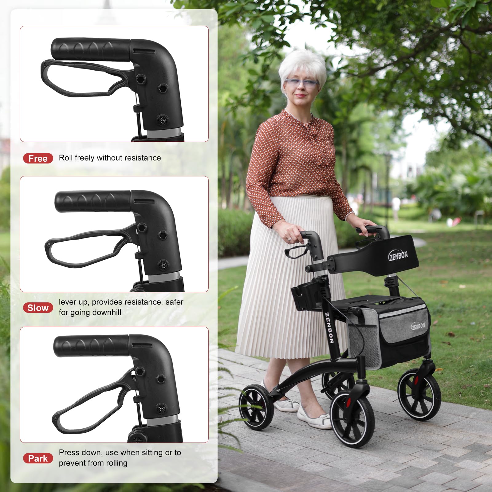 Deambulatore per Anziani Leggero Pieghevole: Rollator Leggero con Sedile Rollator per Anziani Pieghevole in Alluminio - Rollator da Viaggio con Attrezzatura Completa (Nero)