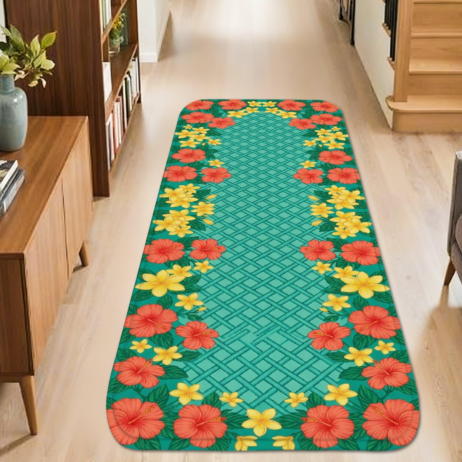 Tapis de couloir turquoise à poils courts et bord éponge