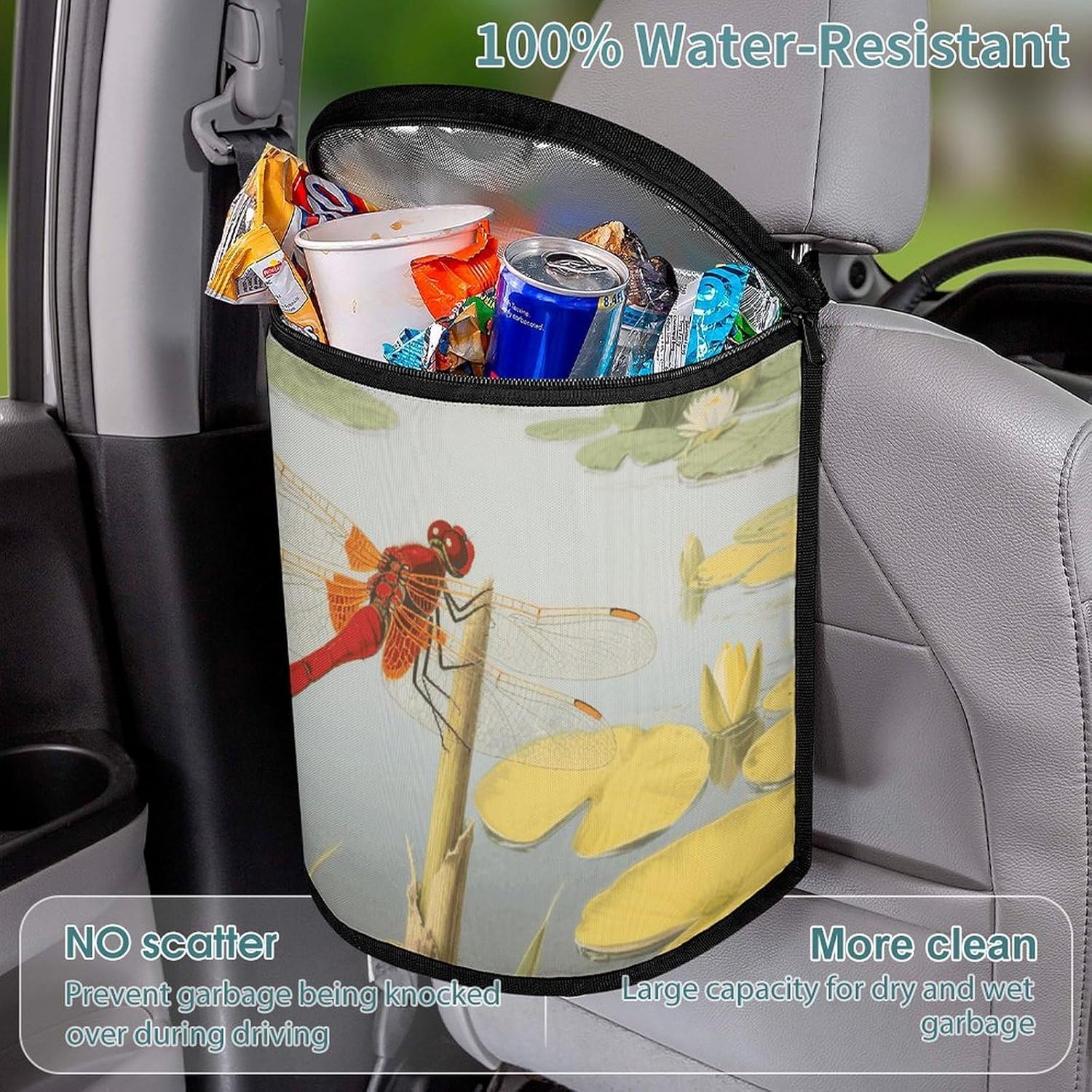 MUSM Leakproof Car Trash Can 2.5 Gallon, Durable Automotive Garbage Bag with Waterproof Liner, Dragonflies Trash Bag for Car, Truck, RV & Bathroom
