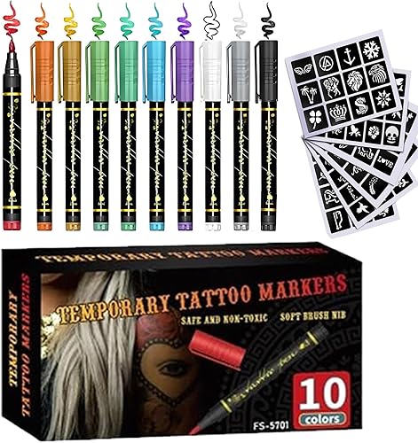 10-Color Temporary Tattoo Markers Set for Skin, 10 Body Markers with 2 Templates for Adults, Washable Tattoo Pens for Skin Temporary, Face Paint Kit (20Pcs)